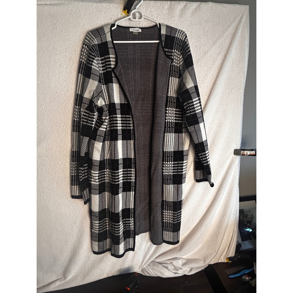 Calvin Klein Black White Plaid Open Front Longline Cardigan Sweater XL S97JK961